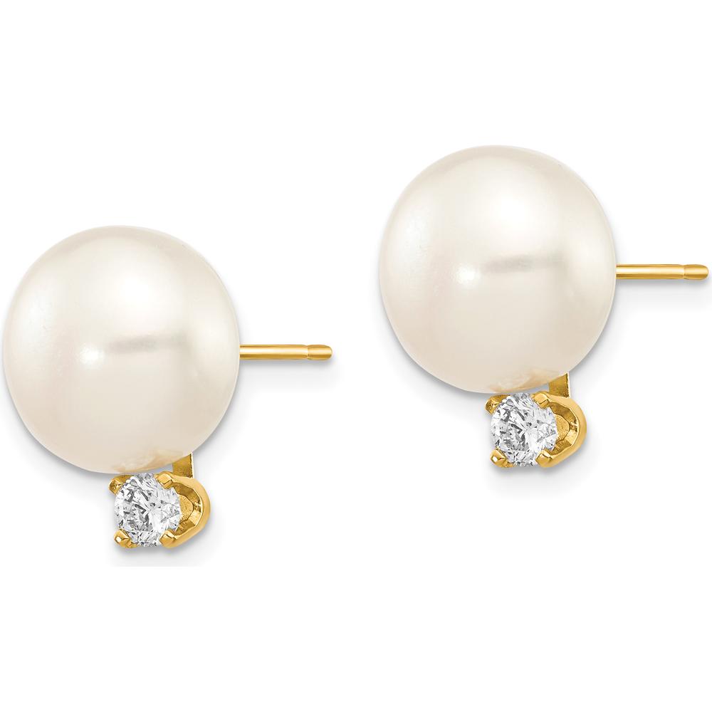 14K Yellow Gold Freshwater Cultured Pearl and .2 Carat Diamond Button Post Earrings by Monteluci Fine Jewelry