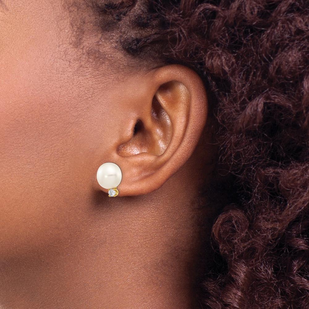 14K Yellow Gold Freshwater Cultured Pearl and .2 Carat Diamond Button Post Earrings by Monteluci Fine Jewelry