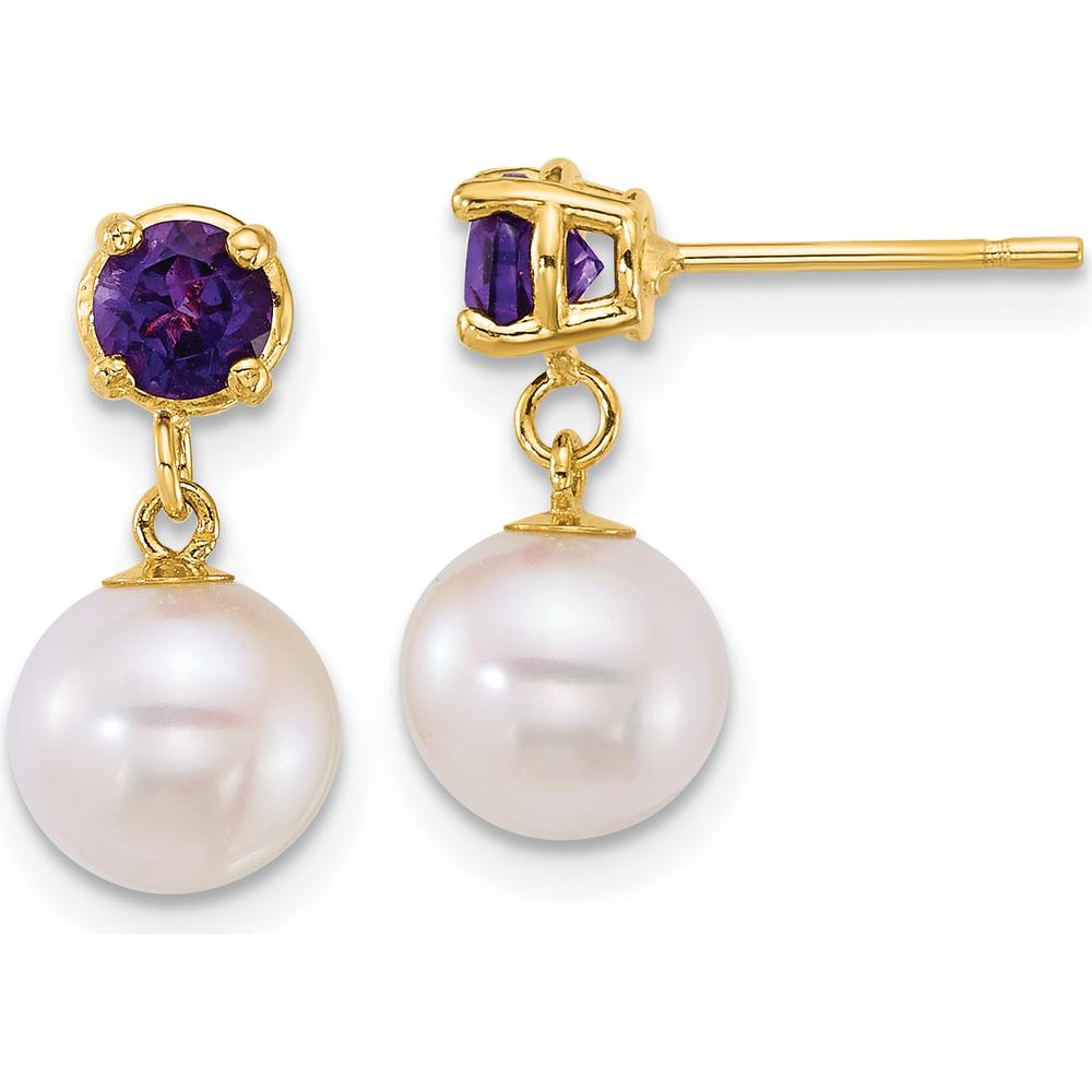 14K Yellow Gold Freshwater Cultured Pearl and Amethyst Dangle Earrings - 7-8mm Pearl, 4mm Amethyst by Monteluci Fine Jewelry