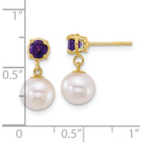14K Yellow Gold Freshwater Cultured Pearl and Amethyst Dangle Earrings - 7-8mm Pearl, 4mm Amethyst by Monteluci Fine Jewelry