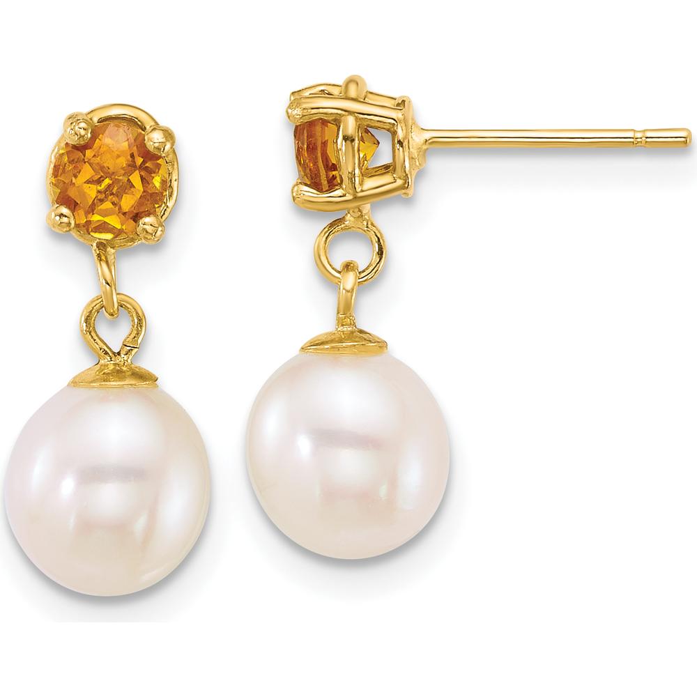 14K Yellow Gold Freshwater Cultured Pearl and Citrine Dangle Post Earrings - 4mm Round Citrine and 7-8mm Pearls by Monteluci Fine Jewelry