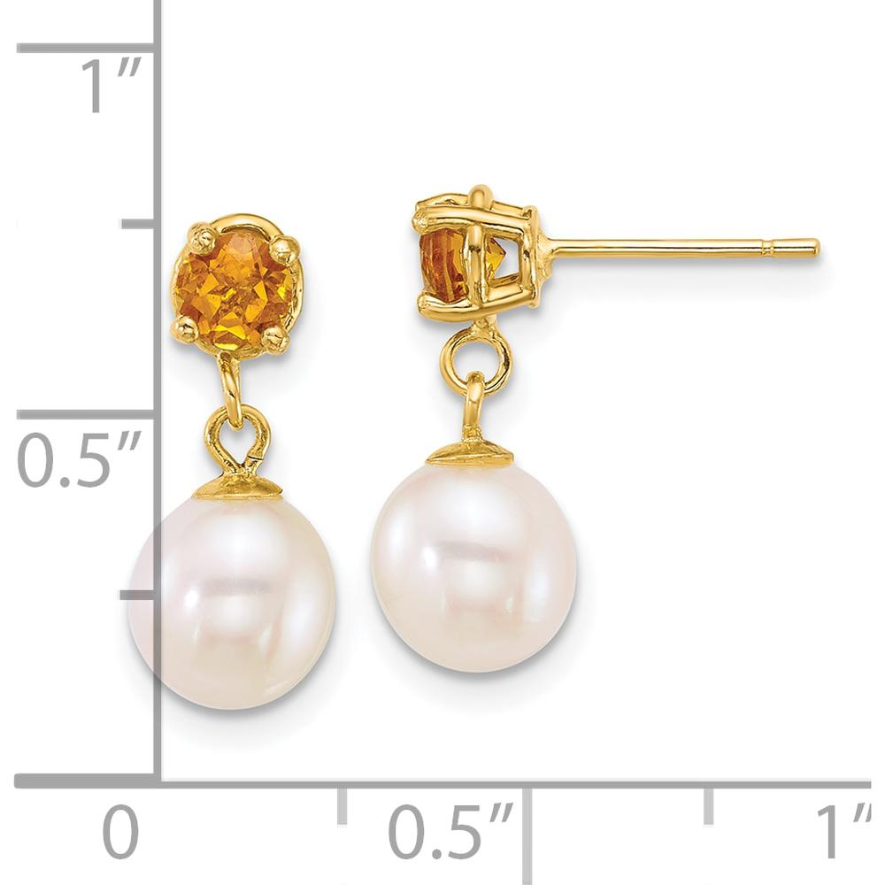 14K Yellow Gold Freshwater Cultured Pearl and Citrine Dangle Post Earrings - 4mm Round Citrine and 7-8mm Pearls by Monteluci Fine Jewelry