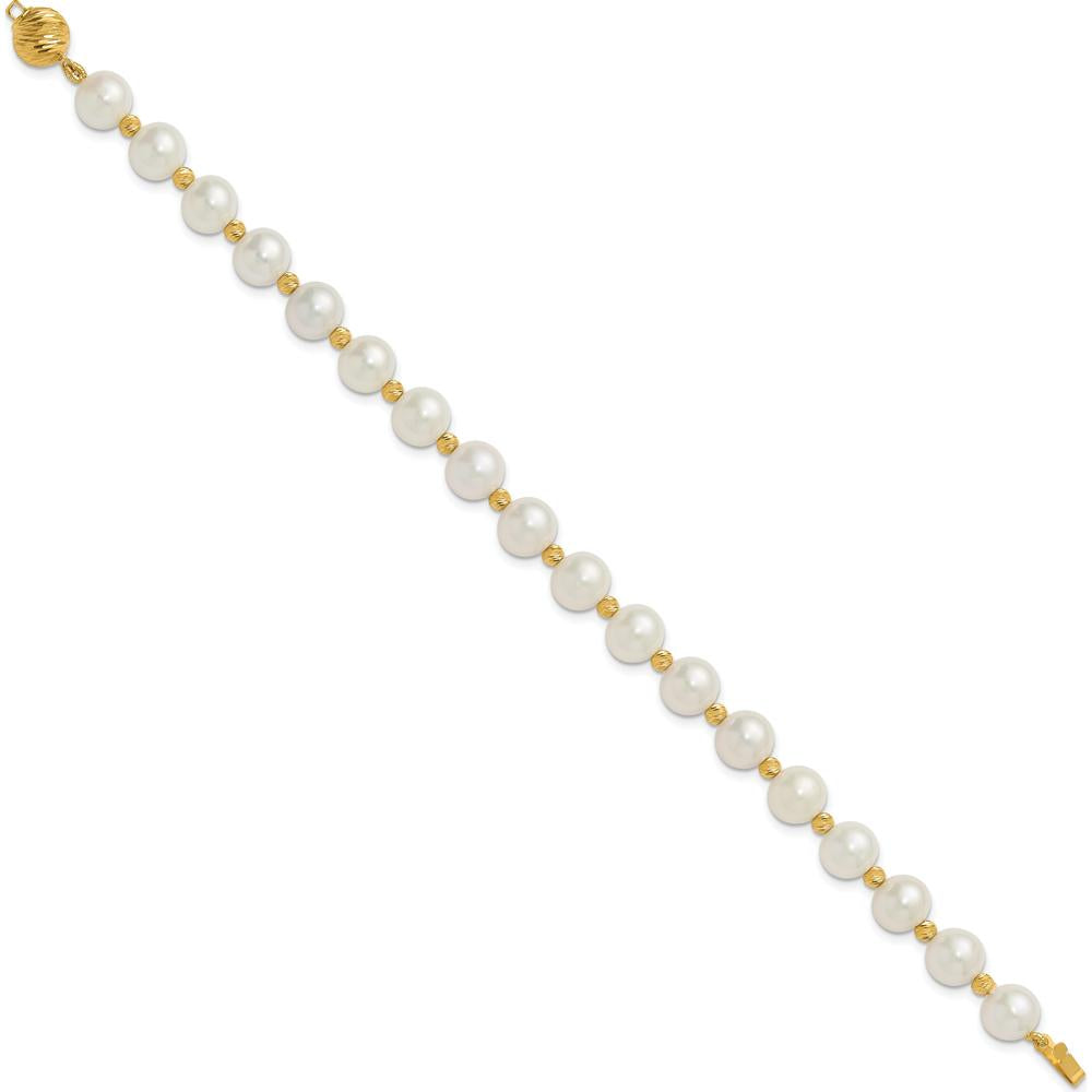 14K Yellow Gold Freshwater Cultured Pearl and Diamond-Cut Beaded 7.5" Bracelet by Monteluci Fine Jewelry