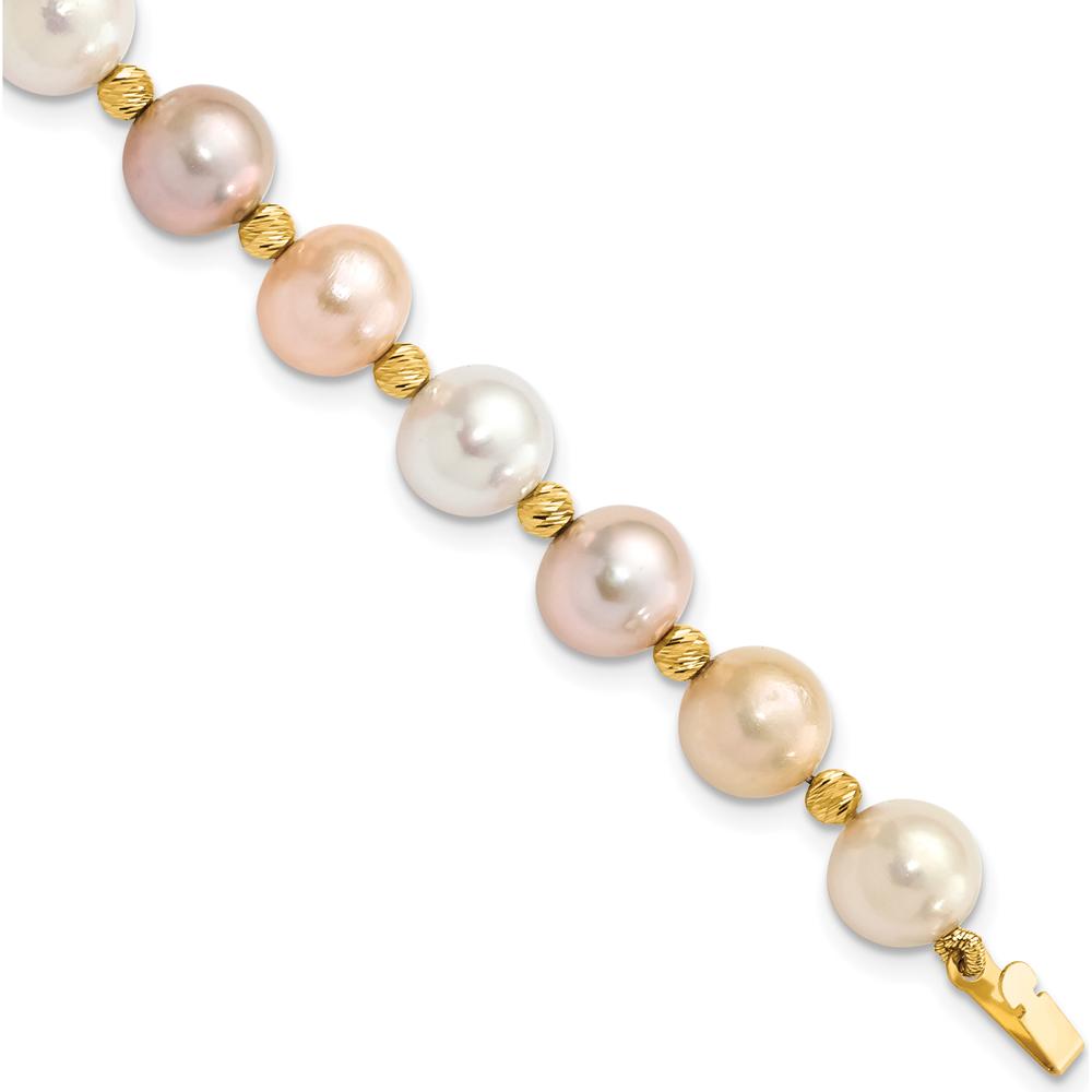 14K Yellow Gold Freshwater Cultured Pearl and Diamond-Cut Beaded Bracelet - 7.5" Length by Monteluci Fine Jewelry