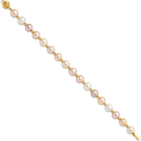 14K Yellow Gold Freshwater Cultured Pearl and Diamond-Cut Beaded Bracelet - 7.5" Length by Monteluci Fine Jewelry