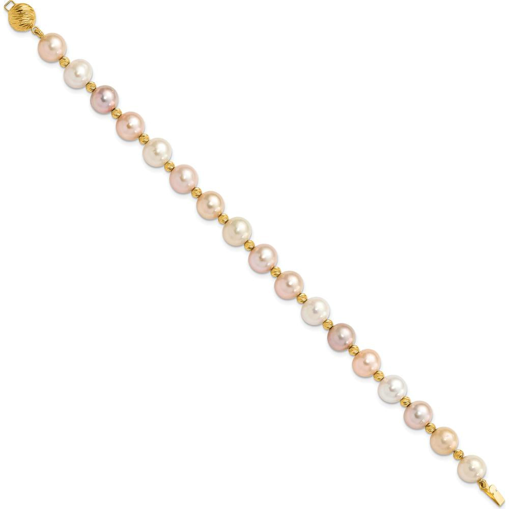 14K Yellow Gold Freshwater Cultured Pearl and Diamond-Cut Beaded Bracelet - 7.5" Length by Monteluci Fine Jewelry
