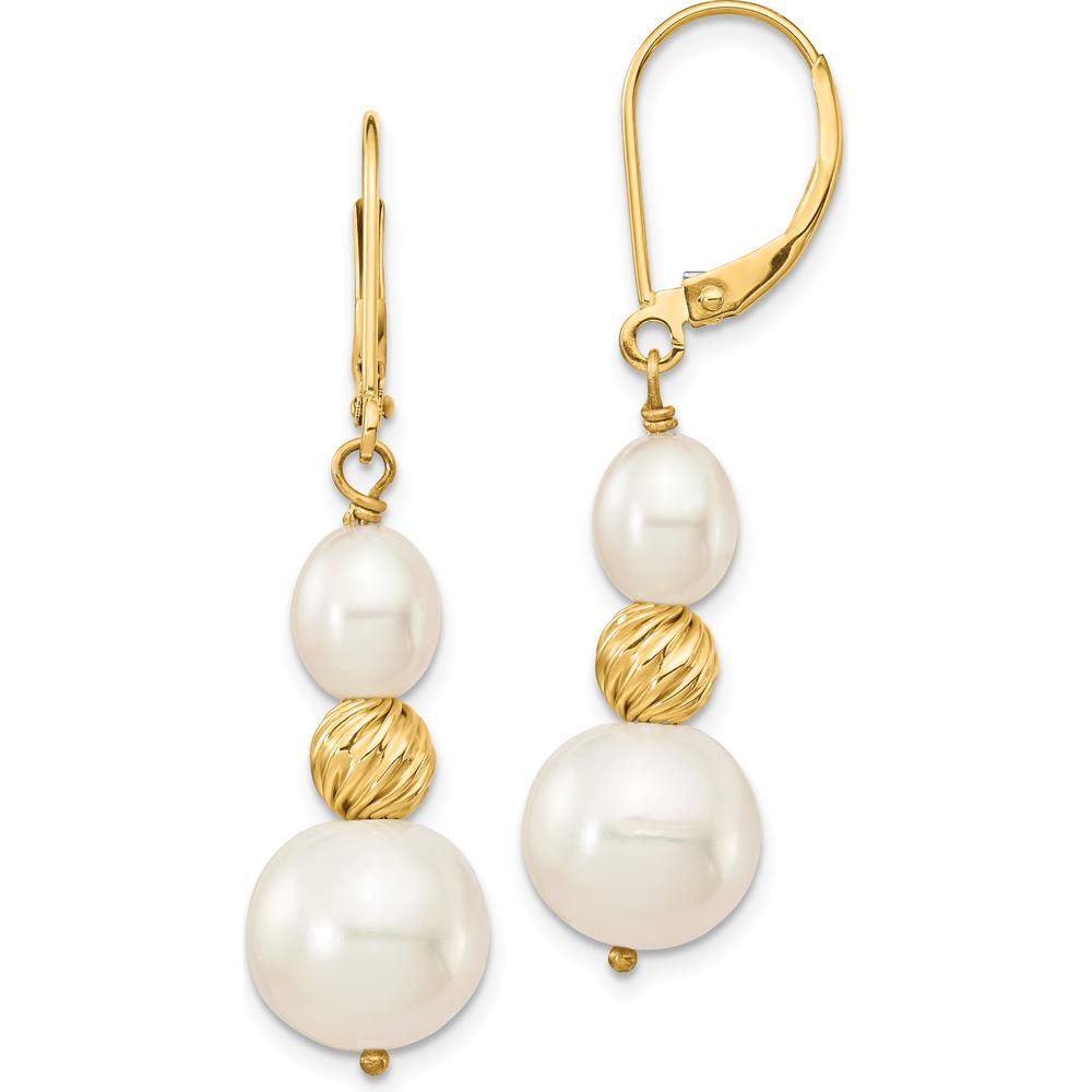 14K Yellow Gold Freshwater Cultured Pearl and Diamond-Cut Beaded Dangle Leverback Earrings by Monteluci Fine Jewelry