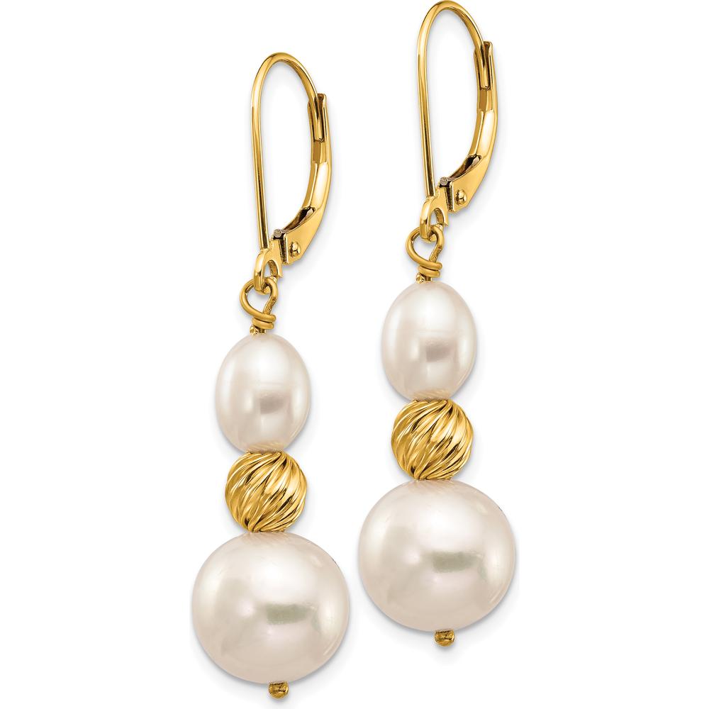 14K Yellow Gold Freshwater Cultured Pearl and Diamond-Cut Beaded Dangle Leverback Earrings by Monteluci Fine Jewelry
