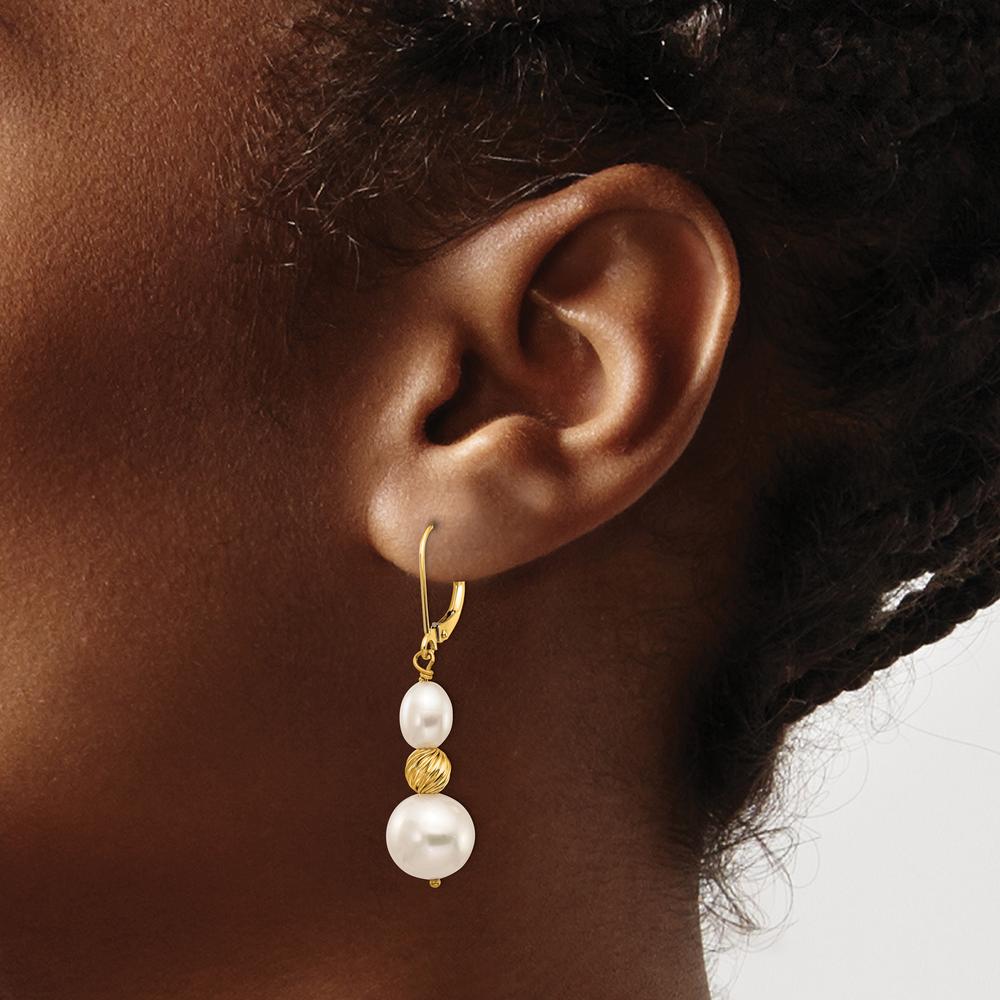 14K Yellow Gold Freshwater Cultured Pearl and Diamond-Cut Beaded Dangle Leverback Earrings by Monteluci Fine Jewelry