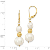 14K Yellow Gold Freshwater Cultured Pearl and Diamond-Cut Beaded Dangle Leverback Earrings by Monteluci Fine Jewelry