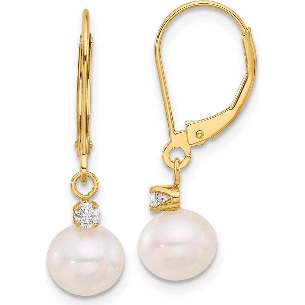 14K Yellow Gold Freshwater Cultured Pearl and Diamond Dangle Earrings - 0.10 Carat Total Diamond Weight by Monteluci Fine Jewelry