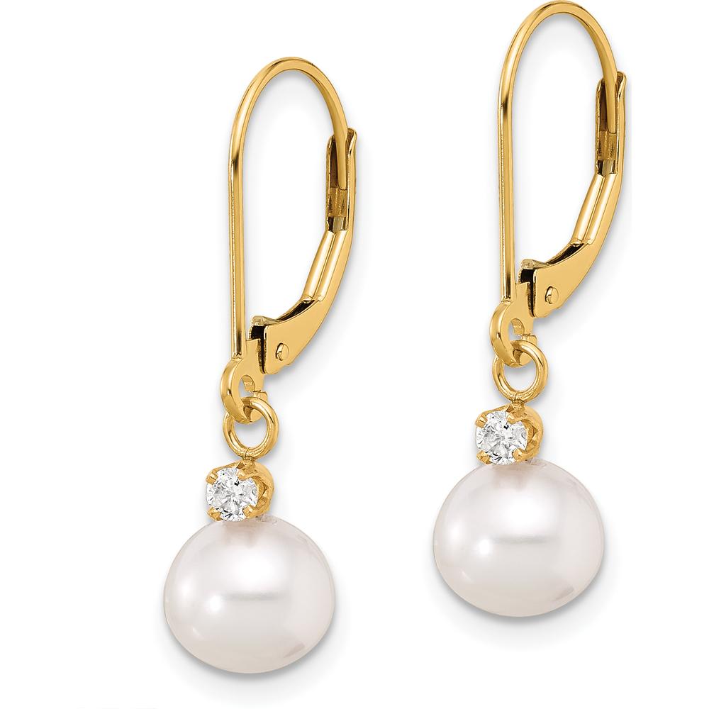 14K Yellow Gold Freshwater Cultured Pearl and Diamond Dangle Earrings - 0.10 Carat Total Diamond Weight by Monteluci Fine Jewelry