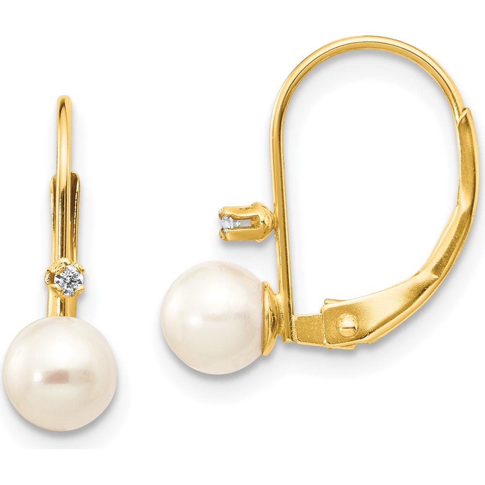 14K Yellow Gold Freshwater Cultured Pearl and Diamond Leverback Earrings - 0.02 Carat Diamond Total Weight by Monteluci Fine Jewelry
