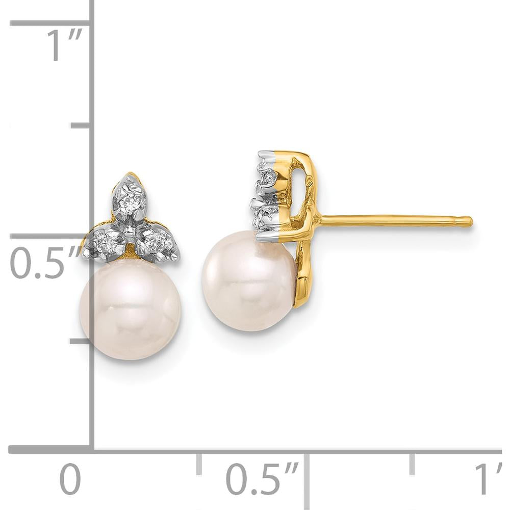14K Yellow Gold Freshwater Cultured Pearl and Diamond Post Earrings - 0.06 Carat Total Diamond Weight by Monteluci Fine Jewelry