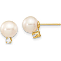 14K Yellow Gold Freshwater Cultured Pearl and Diamond Post Earrings - 0.10 Carat Total Diamond Weight by Monteluci Fine Jewelry