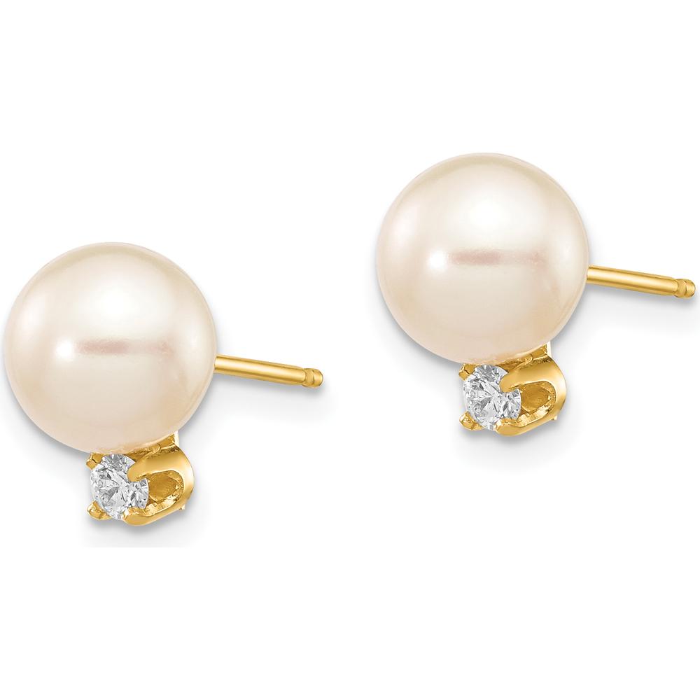 14K Yellow Gold Freshwater Cultured Pearl and Diamond Post Earrings - 0.10 Carat Total Diamond Weight by Monteluci Fine Jewelry