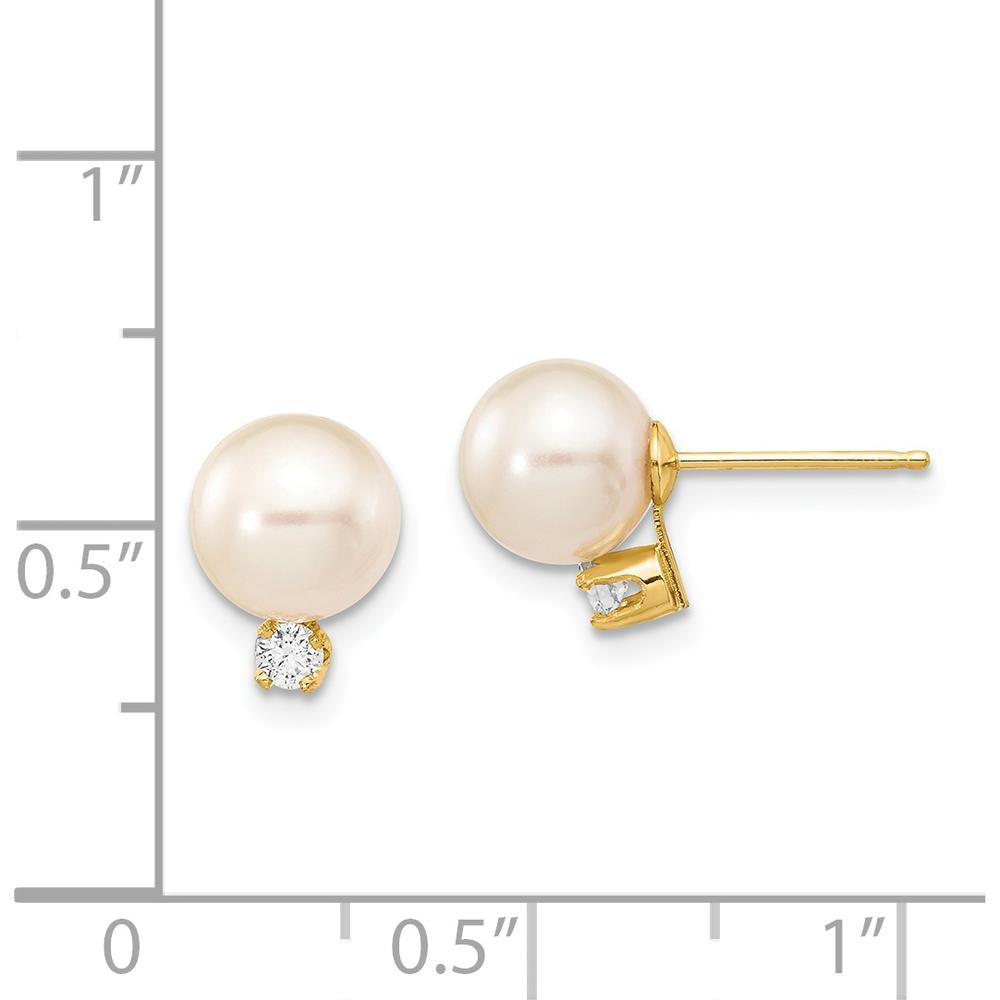 14K Yellow Gold Freshwater Cultured Pearl and Diamond Post Earrings - 0.10 Carat Total Diamond Weight by Monteluci Fine Jewelry
