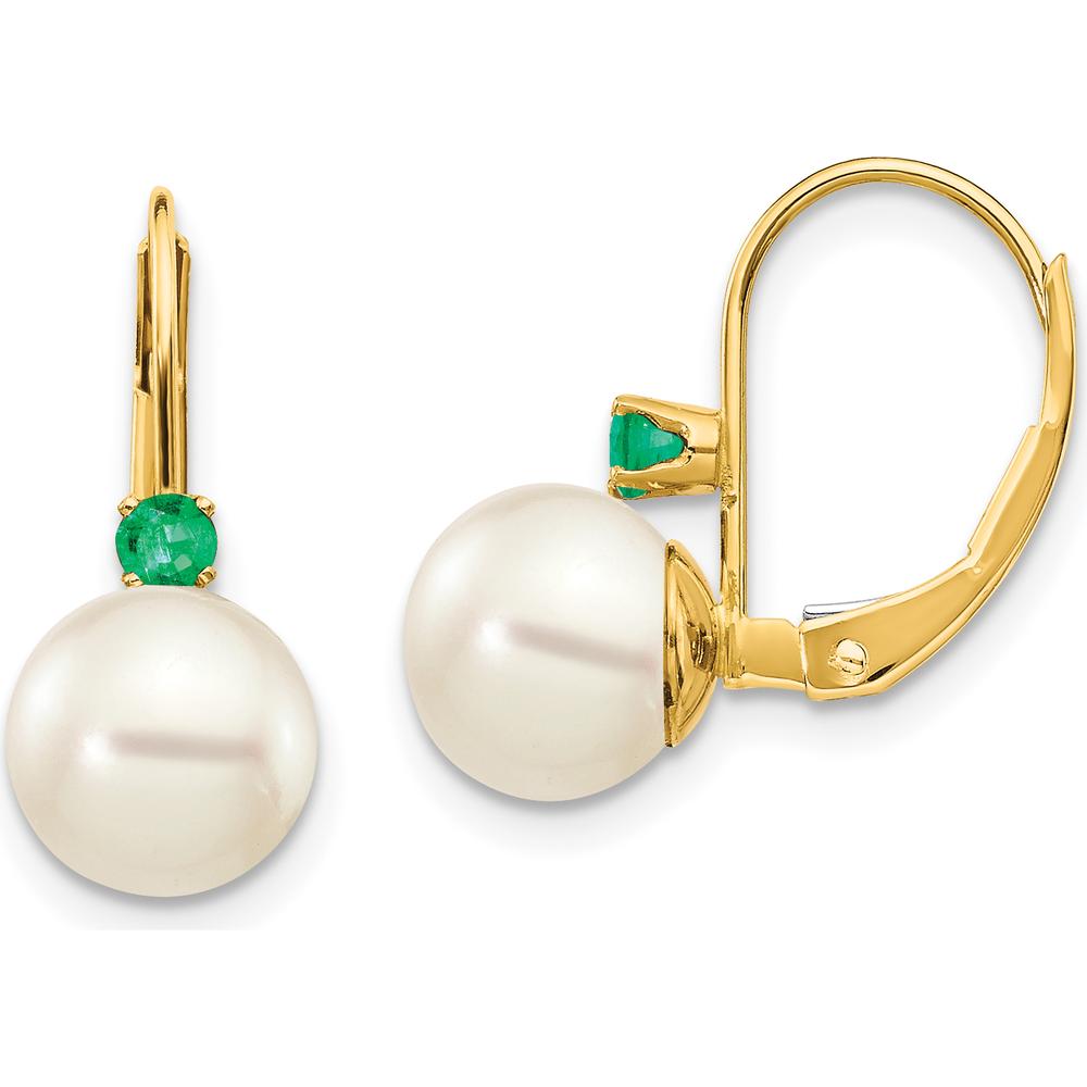 14K Yellow Gold Freshwater Cultured Pearl and Emerald Leverback Earrings - 0.09 Carat Total Emerald Weight by Monteluci Fine Jewelry