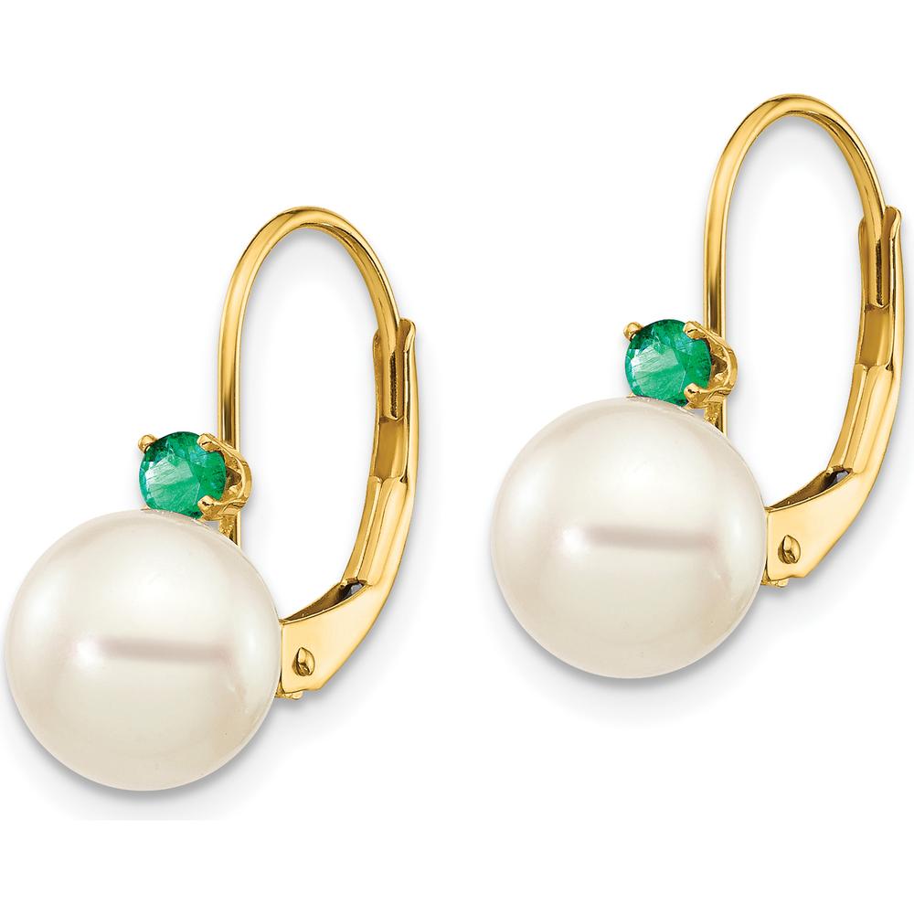 14K Yellow Gold Freshwater Cultured Pearl and Emerald Leverback Earrings - 0.09 Carat Total Emerald Weight by Monteluci Fine Jewelry
