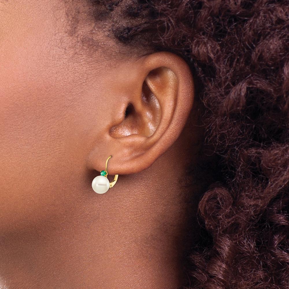 14K Yellow Gold Freshwater Cultured Pearl and Emerald Leverback Earrings - 0.09 Carat Total Emerald Weight by Monteluci Fine Jewelry