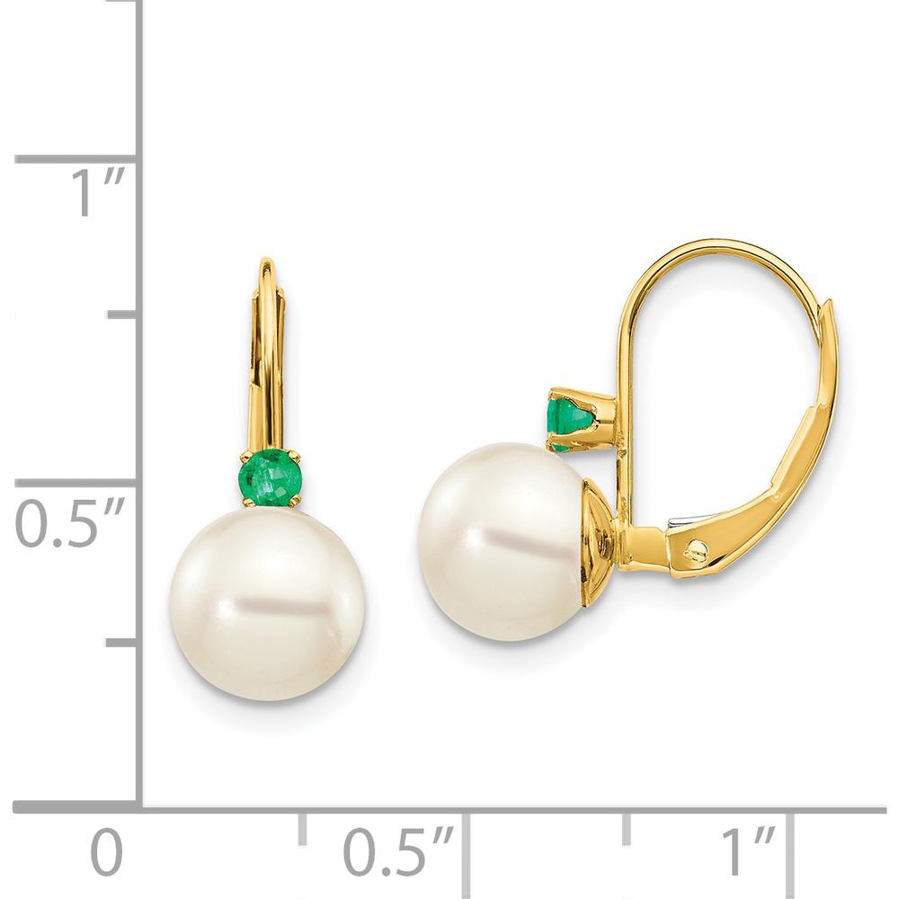 14K Yellow Gold Freshwater Cultured Pearl and Emerald Leverback Earrings - 0.09 Carat Total Emerald Weight by Monteluci Fine Jewelry