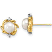 14K Yellow Gold Freshwater Cultured Pearl and Round Diamond Button Post Earrings - .04 Carat Total Diamond Weight by 0