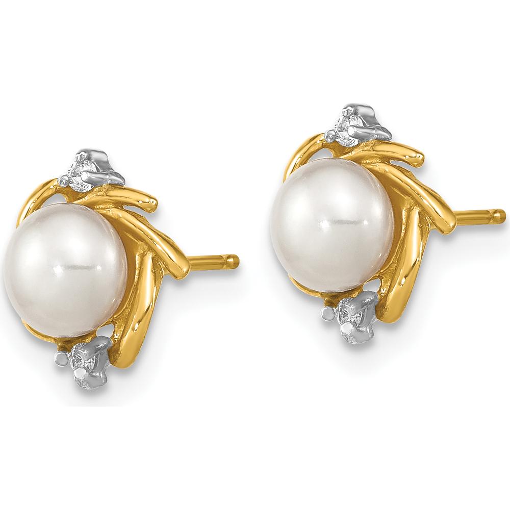 14K Yellow Gold Freshwater Cultured Pearl and Round Diamond Button Post Earrings - .04 Carat Total Diamond Weight by 0