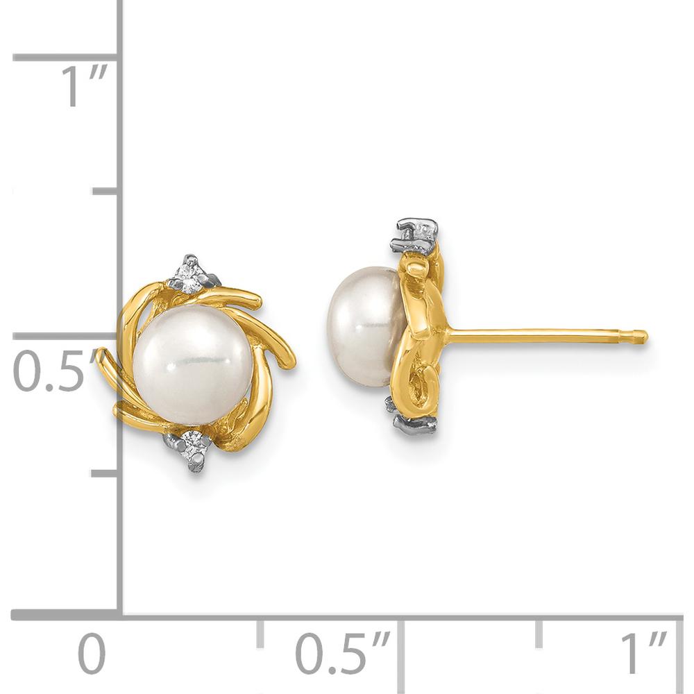 14K Yellow Gold Freshwater Cultured Pearl and Round Diamond Button Post Earrings - .04 Carat Total Diamond Weight by 0