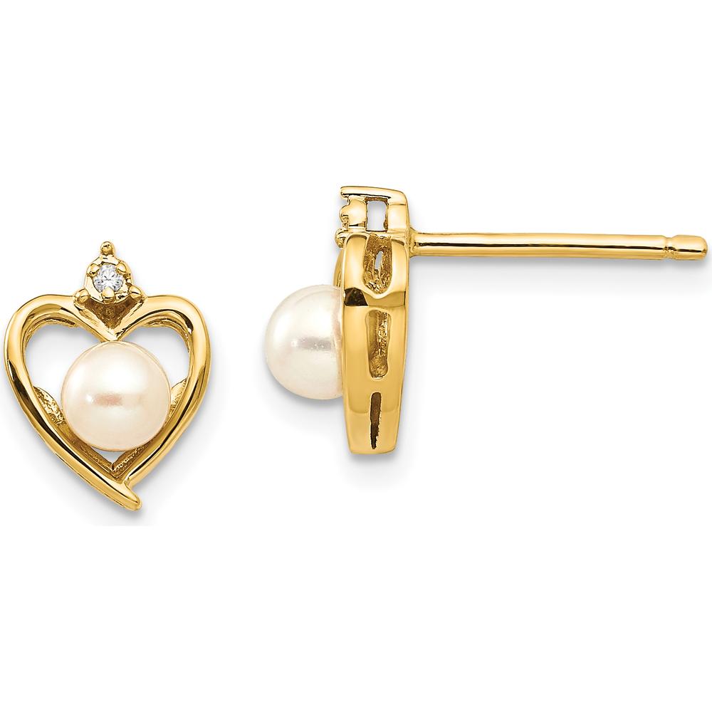 14K Yellow Gold Freshwater Cultured Pearl and Round Diamond Heart Earrings - 0.01 Carat Total Diamond Weight by Oro Pregiato