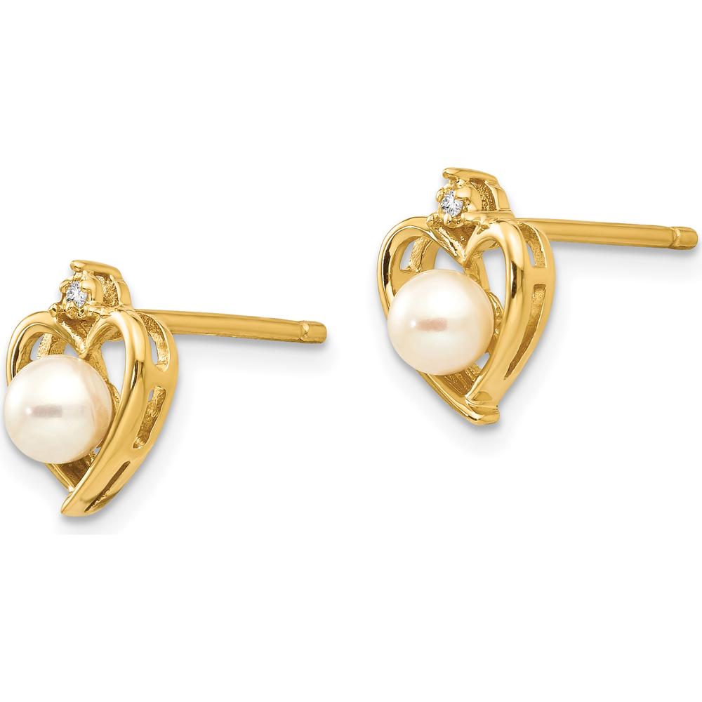 14K Yellow Gold Freshwater Cultured Pearl and Round Diamond Heart Earrings - 0.01 Carat Total Diamond Weight by Oro Pregiato