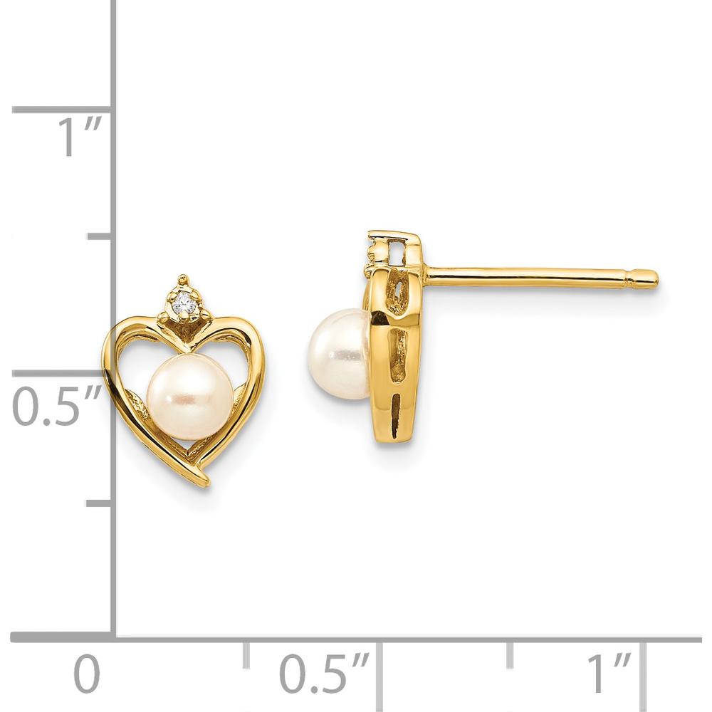 14K Yellow Gold Freshwater Cultured Pearl and Round Diamond Heart Earrings - 0.01 Carat Total Diamond Weight by Oro Pregiato
