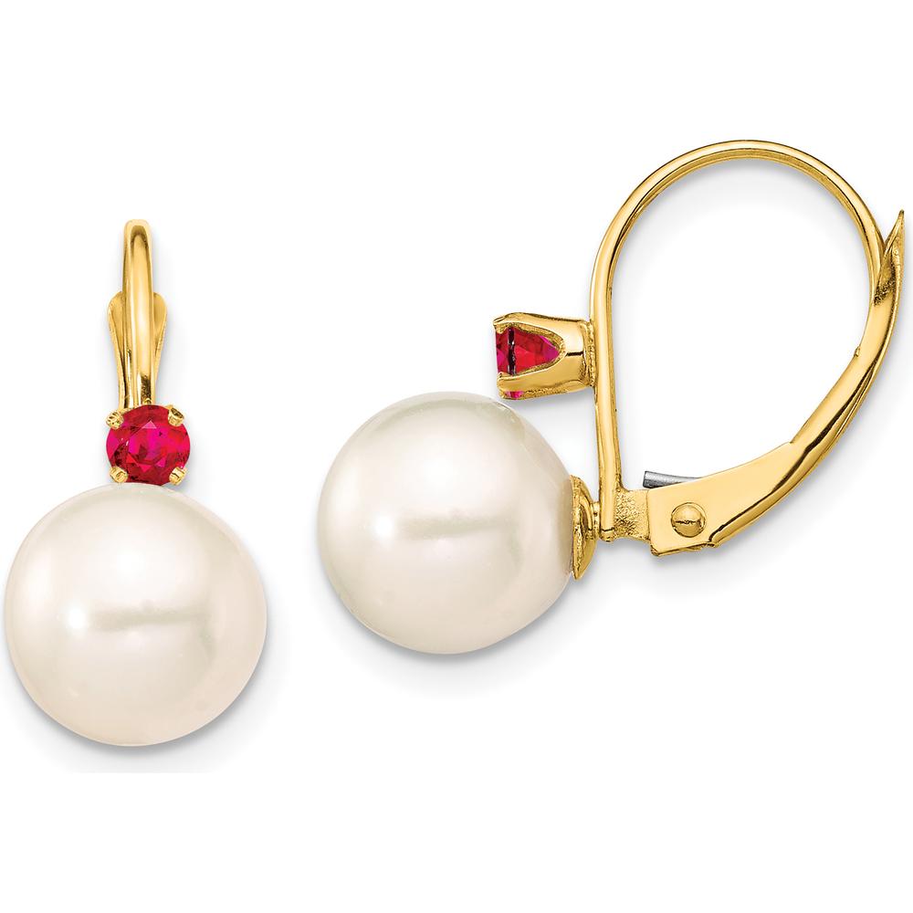 14K Yellow Gold Freshwater Cultured Pearl and Ruby Leverback Earrings - 0.36 Carat Total Ruby Weight by Monteluci Fine Jewelry