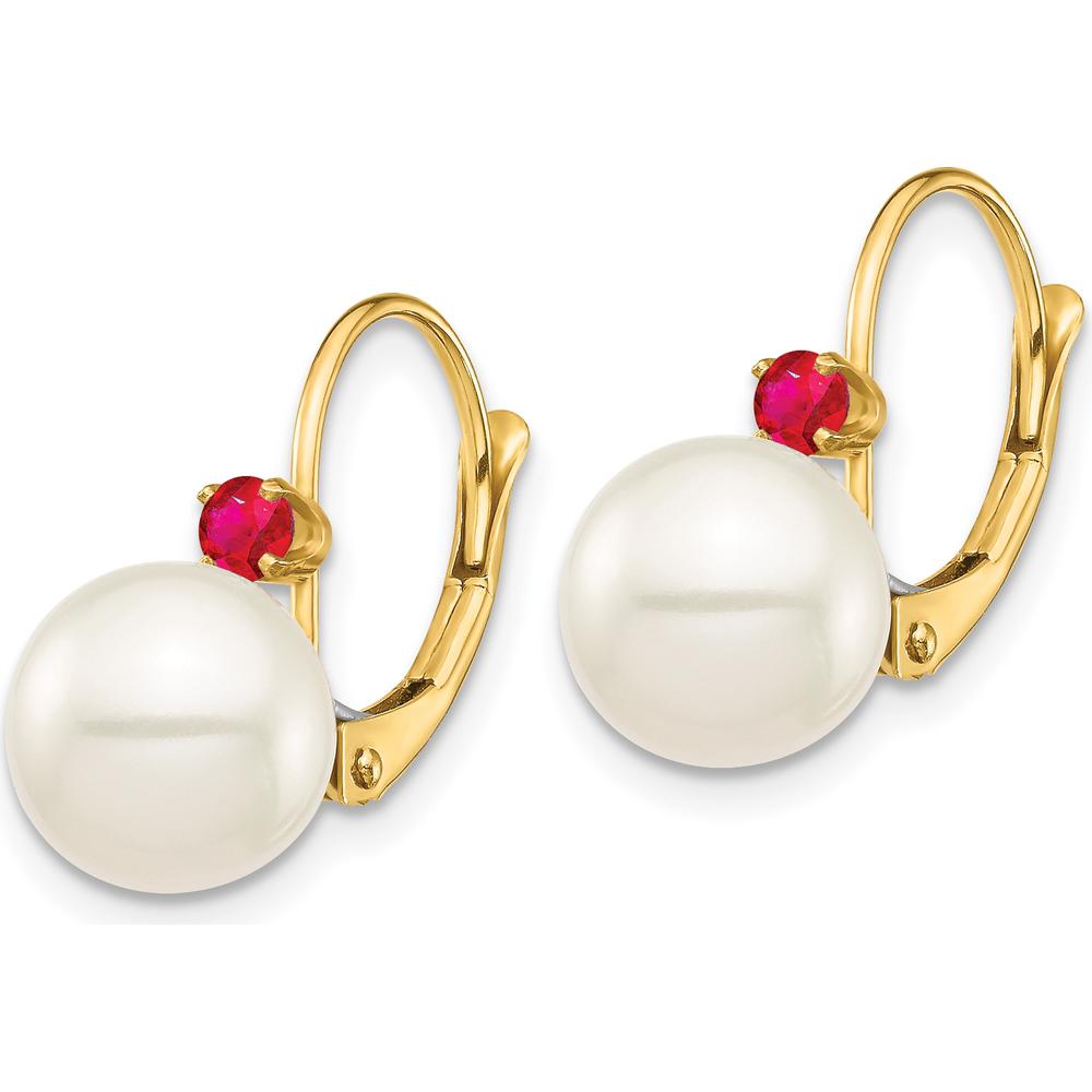 14K Yellow Gold Freshwater Cultured Pearl and Ruby Leverback Earrings - 0.36 Carat Total Ruby Weight by Monteluci Fine Jewelry