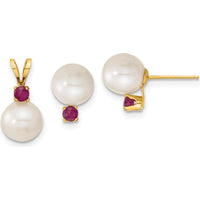 14K Yellow Gold Freshwater Cultured Pearl and Ruby Post Earrings and Pendant Set - 0.30 Carat Total Ruby Weight by Monteluci Fine Jewelry