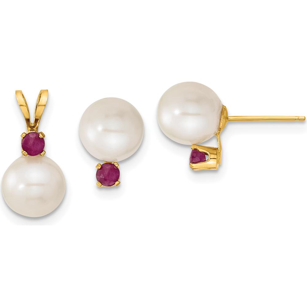 14K Yellow Gold Freshwater Cultured Pearl and Ruby Post Earrings and Pendant Set - 0.30 Carat Total Ruby Weight by Monteluci Fine Jewelry