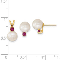14K Yellow Gold Freshwater Cultured Pearl and Ruby Post Earrings and Pendant Set - 0.30 Carat Total Ruby Weight by Monteluci Fine Jewelry