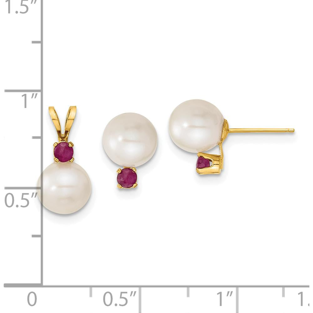 14K Yellow Gold Freshwater Cultured Pearl and Ruby Post Earrings and Pendant Set - 0.30 Carat Total Ruby Weight by Monteluci Fine Jewelry