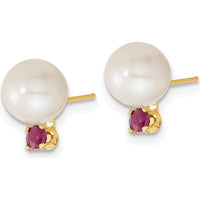 14K Yellow Gold Freshwater Cultured Pearl and Ruby Post Earrings and Pendant Set - 0.30 Carat Total Ruby Weight by Monteluci Fine Jewelry