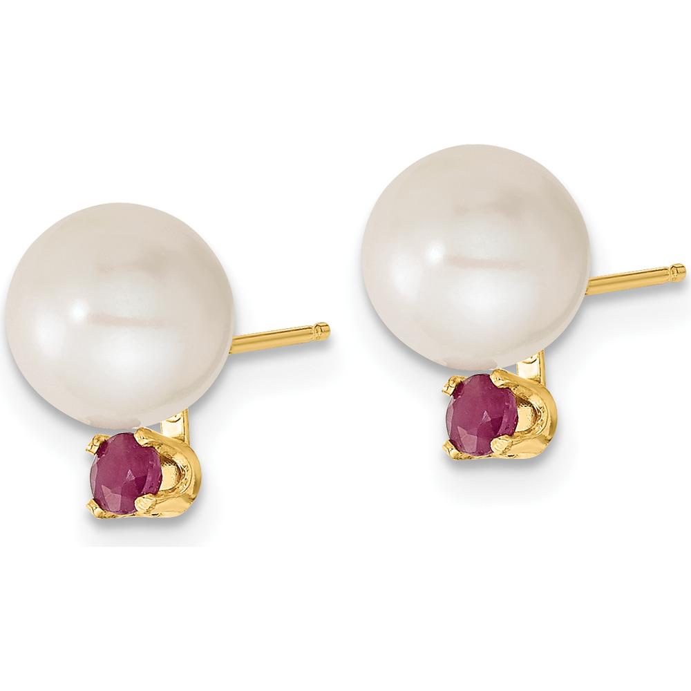 14K Yellow Gold Freshwater Cultured Pearl and Ruby Post Earrings and Pendant Set - 0.30 Carat Total Ruby Weight by Monteluci Fine Jewelry