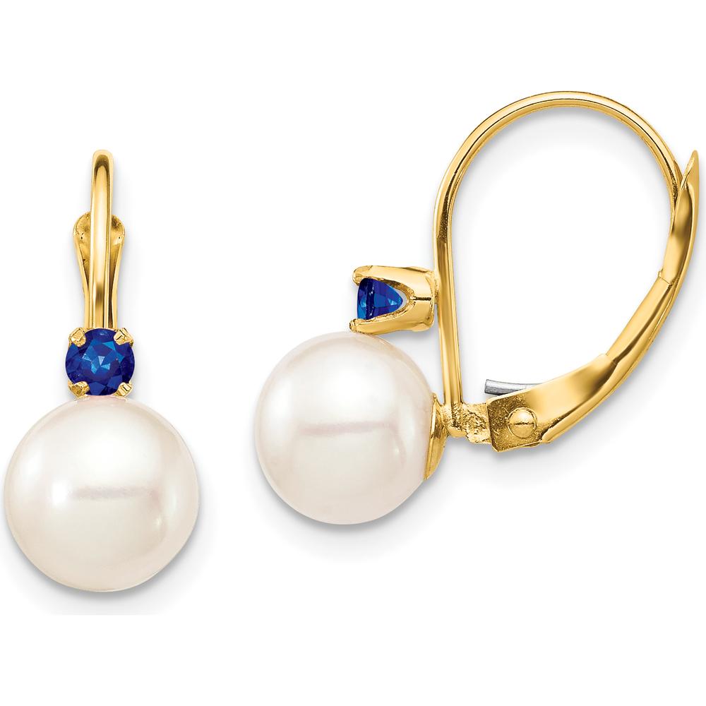 14K Yellow Gold Freshwater Cultured Pearl and Sapphire Leverback Earrings - 0.36 Carat Total Sapphire Weight by Monteluci Fine Jewelry