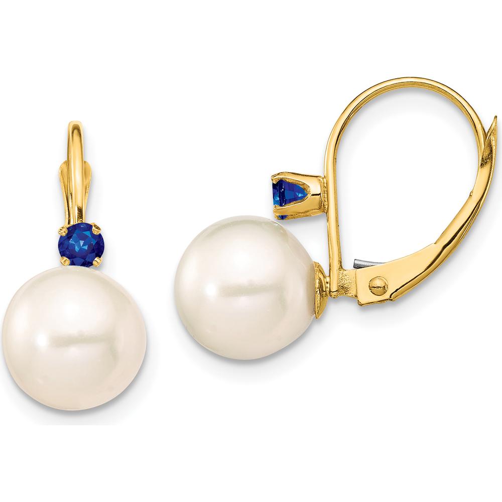 14K Yellow Gold Freshwater Cultured Pearl and Sapphire Leverback Earrings - 8-8.5mm Pearls, .18 Carat Total Sapphire Weight by Monteluci Fine Jewelry