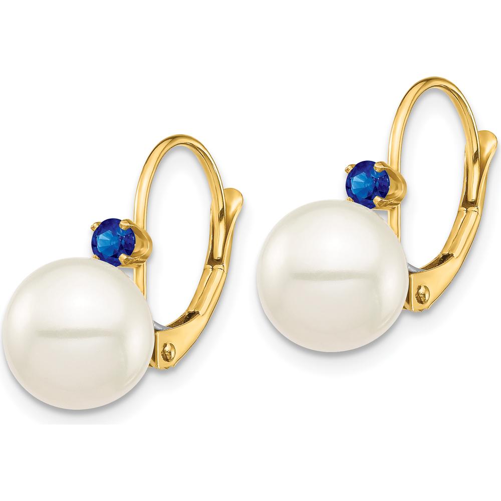 14K Yellow Gold Freshwater Cultured Pearl and Sapphire Leverback Earrings - 8-8.5mm Pearls, .18 Carat Total Sapphire Weight by Monteluci Fine Jewelry