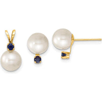 14K Yellow Gold Freshwater Cultured Pearl and Sapphire Post Earrings and Pendant Set - 0.30 Carat Total Sapphire Weight by Monteluci Fine Jewelry