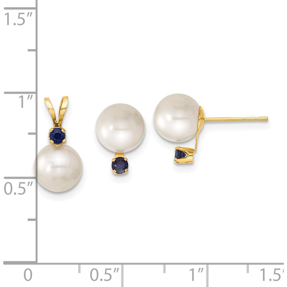 14K Yellow Gold Freshwater Cultured Pearl and Sapphire Post Earrings and Pendant Set - 0.30 Carat Total Sapphire Weight by Monteluci Fine Jewelry