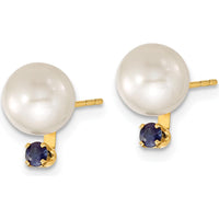 14K Yellow Gold Freshwater Cultured Pearl and Sapphire Post Earrings and Pendant Set - 0.30 Carat Total Sapphire Weight by Monteluci Fine Jewelry