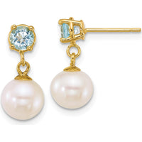 14K Yellow Gold Freshwater Cultured Pearl and Swiss Blue Topaz Dangle Earrings - 4mm Topaz, 7-8mm Pearls by Monteluci Fine Jewelry