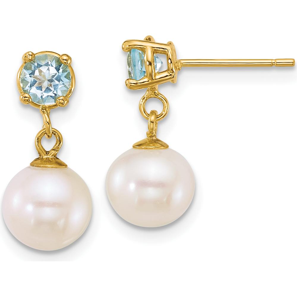 14K Yellow Gold Freshwater Cultured Pearl and Swiss Blue Topaz Dangle Earrings - 4mm Topaz, 7-8mm Pearls by Monteluci Fine Jewelry