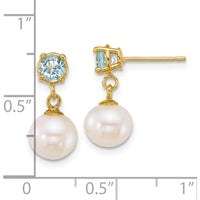 14K Yellow Gold Freshwater Cultured Pearl and Swiss Blue Topaz Dangle Earrings - 4mm Topaz, 7-8mm Pearls by Monteluci Fine Jewelry