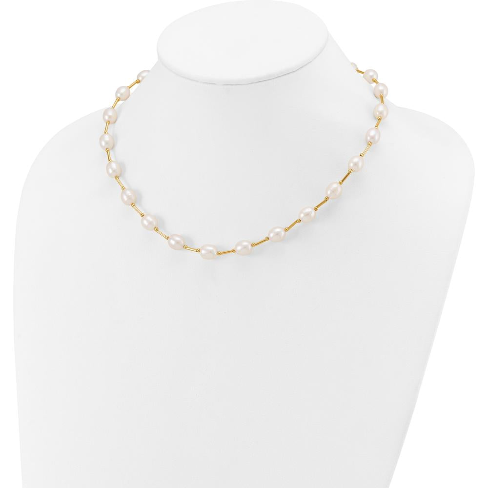 14K Yellow Gold Freshwater Cultured Pearl Beaded Necklace - 18" with 7-8mm Rice-Shaped Pearls by Monteluci Fine Jewelry