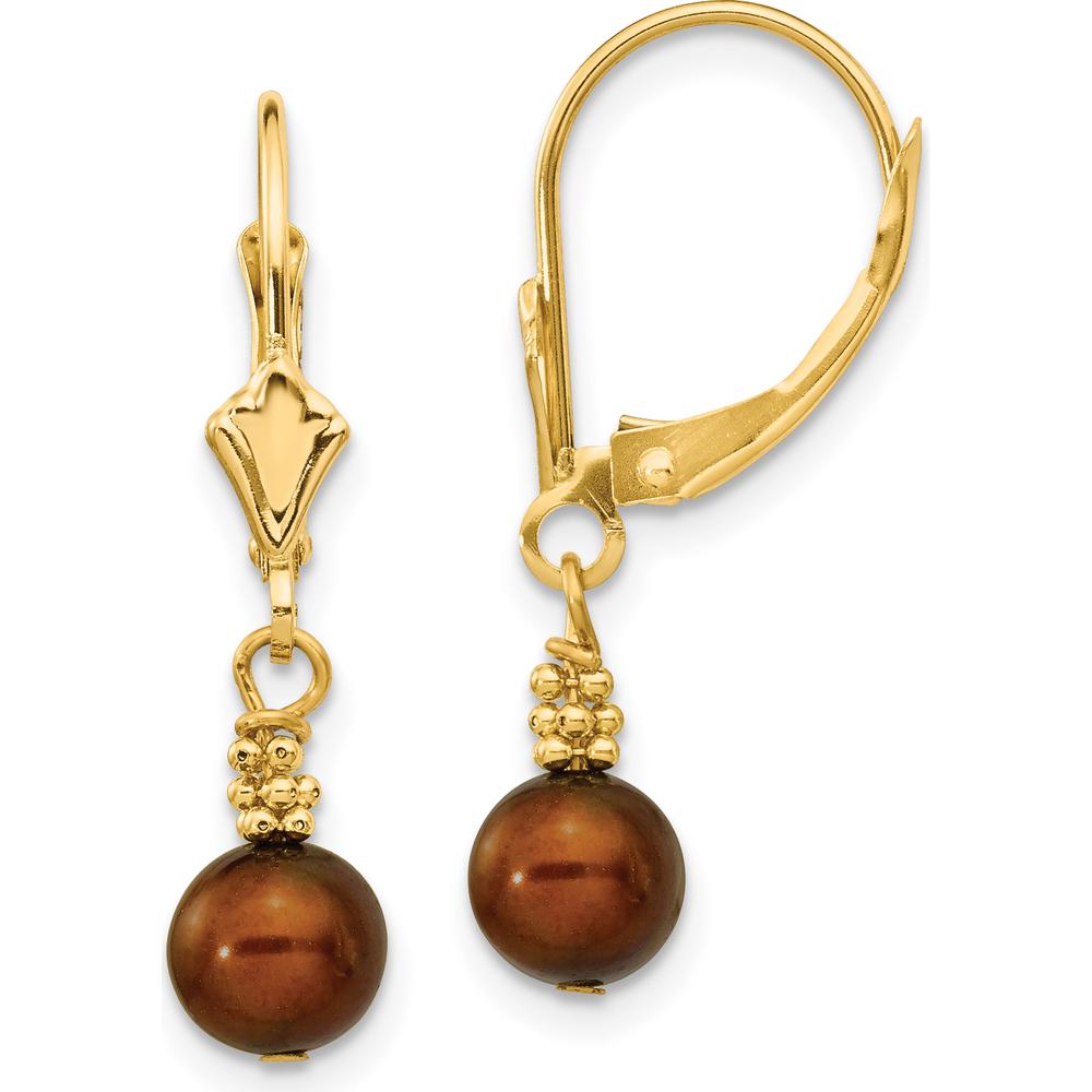14K Yellow Gold Freshwater Cultured Pearl Dangle Earrings - 5-6mm Brown Pearls by Monteluci Fine Jewelry